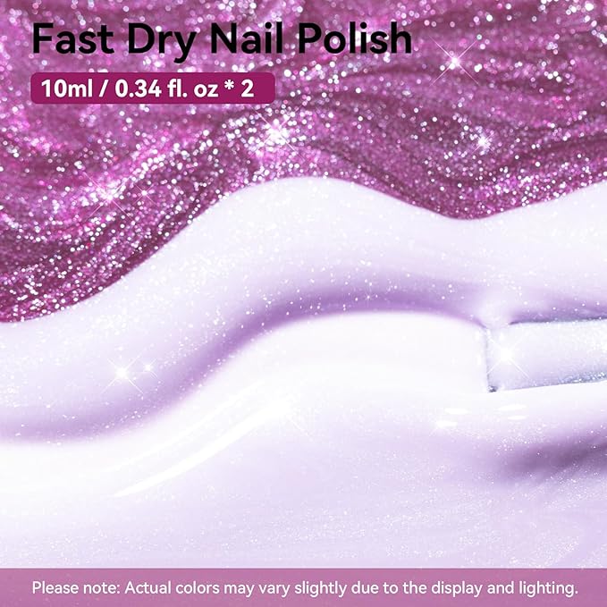 Nailshion Purple Sparkle Nail Polish, Mermaid Shimmer Shades Fingernail Polish Duo, Caster Oil Enriched, Non-Gel, Vegan, Opaque, Quick Dry Lilac Glitter DIY Nail Art Gift for Women Girls