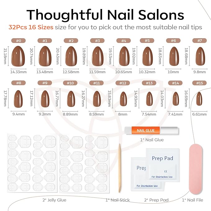 Modelones Brown Press on Nails Almond, Short Chrome Fake Nails, Reusable Nail Kit with Nail Glue Adhesive Tabs Mini Nail File, Nails Press Ons 32Pcs 16Sizes