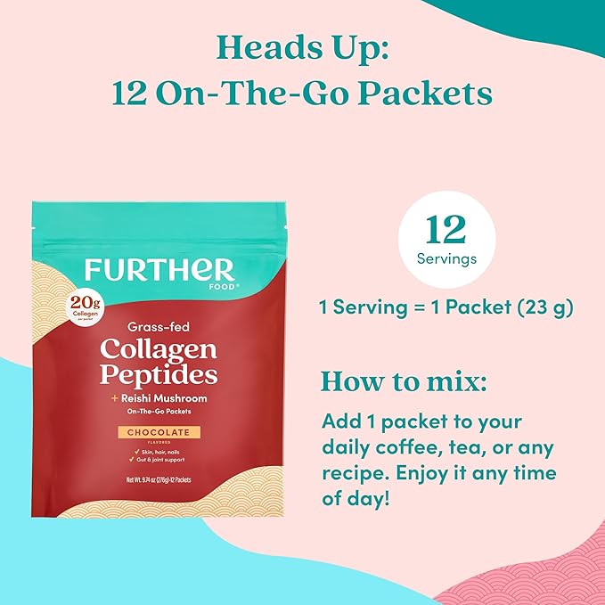 Further Food Chocolate Collagen Peptides Powder Stick Packs, Grass-Fed Pasture-Raised Hydrolyzed Type 1 & 3 Protein, Gut Health + Joint, Hair, Skin, Nails, Paleo Keto Sugar-Free 9.74 oz