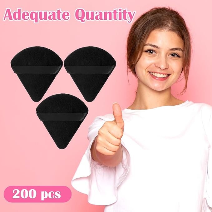 200 Pcs Powder Puffs Bulk Set - Professional Soft Velour Triangle Powder Puff for Liquid Foundation & Loose Mineral Makeup, Reusable Cosmetic Applicator Sponge Tools (Black)