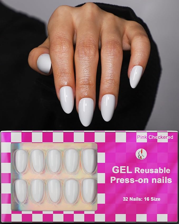 OIFEN White Press on Almond Nails Short 16 Sizes Glossy Gel Fake Nails with Glue & Stick