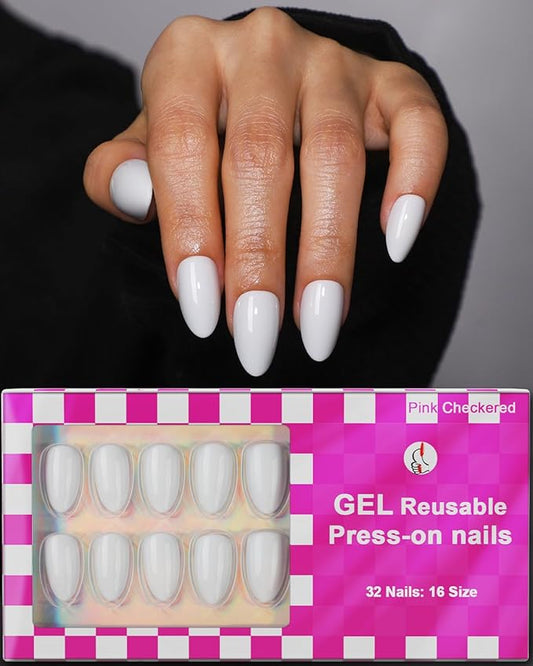 OIFEN White Press on Almond Nails Short 16 Sizes Glossy Gel Fake Nails with Glue & Stick