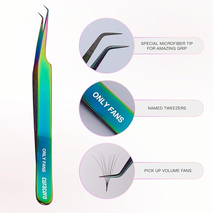 Curacoro Lash Tweezer - Professional & Precision Fiber Tip Grip Lash Tweezers for Eyelash Extensions, Multi Shapes & Purposes Tweezers for Volume, Isolation & Classic Lashes (Galaxy, Only Fans)