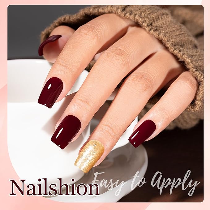 Nailshion Deep Red Wine Nail Polish Set, Burgundy Fast Air Dry Fall Winter Nail Polish Duo, Opaque Dark Red, Non-Gel, Crème, Toxic-free Long Lasting Glossy Nails Art for Home DIY Manicure Gift