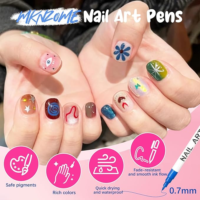 MKNZOME 12 Color Nail Art Pens for Painting Nails, 0.7 MM Nail Polish Pens Drawing Point Liner Acrylic Painted Pen Kit, Waterproof Quick-drying for DIY Nails Art Design Manicure Tools