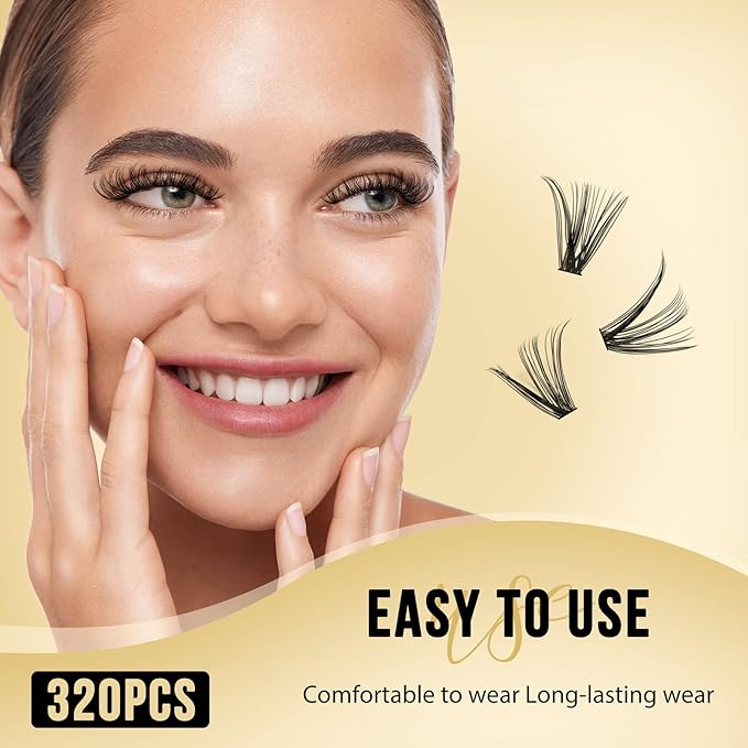 QUEWEL Lash Clusters 320Pcs Cluster Lashes 30D C Curl Lash Cluster Eyelash Extensions Mix9-16mm Individual Eyelashes Clusters Wispy Lash Clusters Thin Band Soft to Use at Home(30D C Mix9-16)