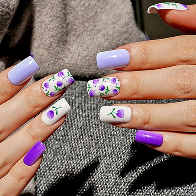 GLAMERMAID Dark Purple Press on Nails Medium Square, Floral Blossom Deep Purple Gel False Nals, Tulip Glue on Nails Kit for Women, Natural Lavender Reusable Stick on Acrylic Fake Nails Manicure Set