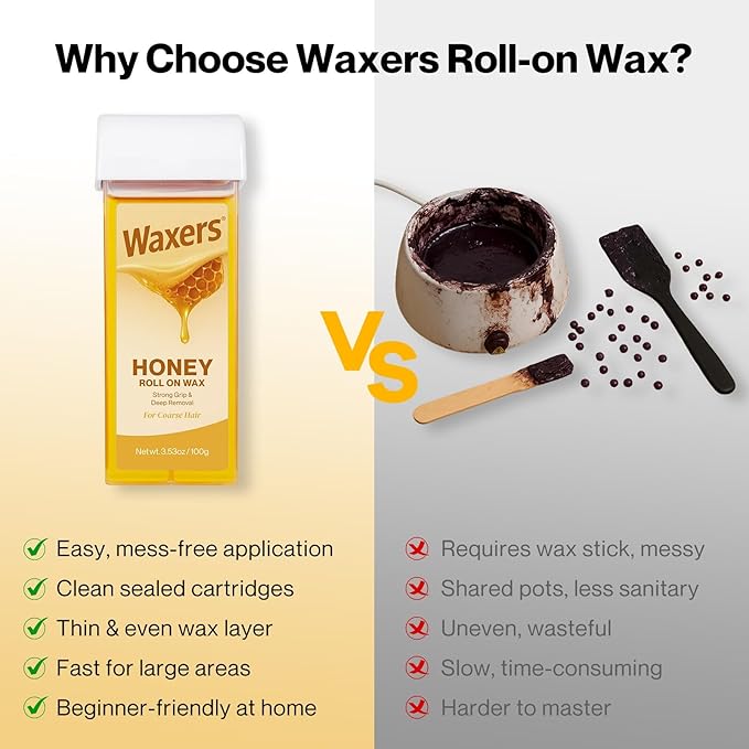 Waxers Roll on Wax Kit for Hair Removal at Home Roller Waxing Depilatory for Women Men Honey Soft Wax Kit for Coarse & Thick Hair with Warmer and Strips
