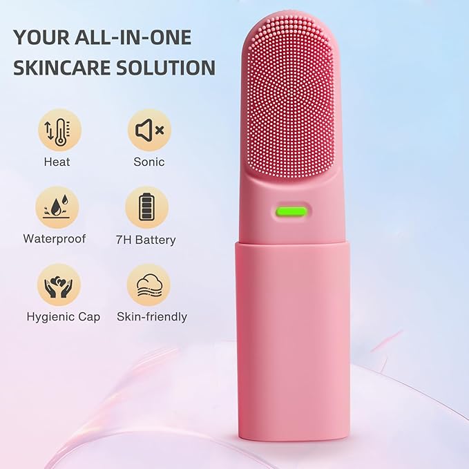 Facial Scrubber Electric Facial Cleansing Brush with Heated, Makeup Remover Cleansing Exfoliating and Massaging,3 Modes,Waterproof Rechargeable Silicone face Brush for Woman & Men(Mist Rose Pink)