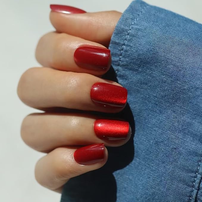 LAMIMOSA 32Pcs Red Cat Eye Press On Nails Short Square, Nail Kit, Soft Gel Fake Nails in 16 Sizes, Reusable Glue on Nails, RED VELVET