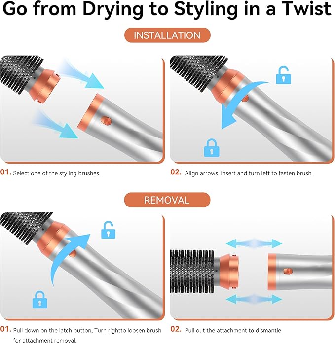 5 in 1 Blow Dryer Brush,110-120V Hair Dryer Brush, Fast Drying & 3 Adjustable Temperatures Hot-Air Hair Brushes, Detachable Hair Styler Set for Curling/Volumizing/Straightening/Styling (Silver-Orange)
