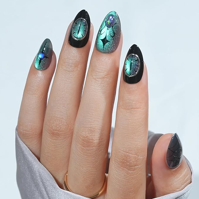 Press On Nails Halloween Almond - Spider Gem, Chameleon Cat Eye Effect Halloween Nails, Acrylic Square Short Halloween Fake Nails with Nail Glue, Stick On Nails in 16 Sizes - 32 PCS Soft Gel Kit