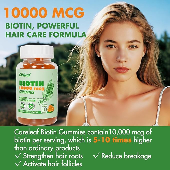 careleaf Biotin Gummies, Hair Growth Gummies with 10000 mcg Biotin/Collagen/Keratin, Hair Vitamins for Fuller Hair, Stronger Nails, Glowing Skin, Beauty Support for Women, 60 Count, Orange Flavor