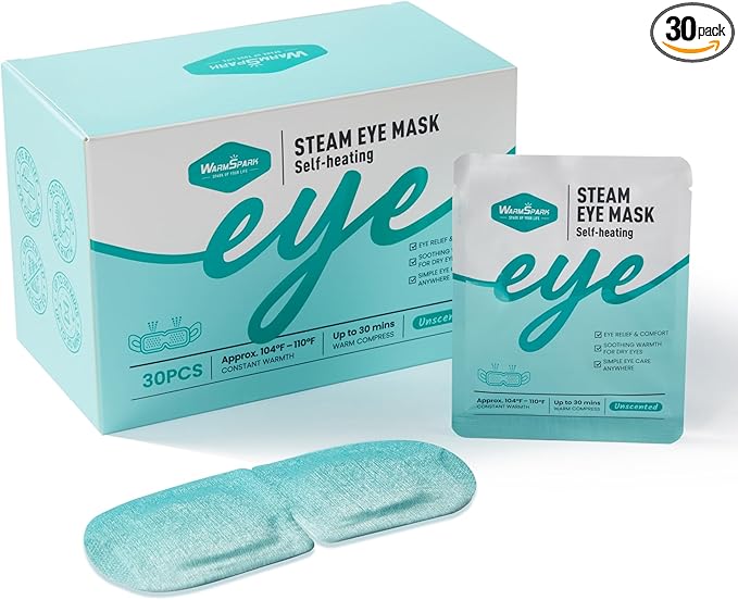 WarmSpark Self Heating Eye Mask Warm Compress for Dry Eyes, Disposable Heated Eye Mask for Fast Relief, Sleep, Spa, Travel Essentials & Relaxation Gifts for Women (30 Count, Unscented)