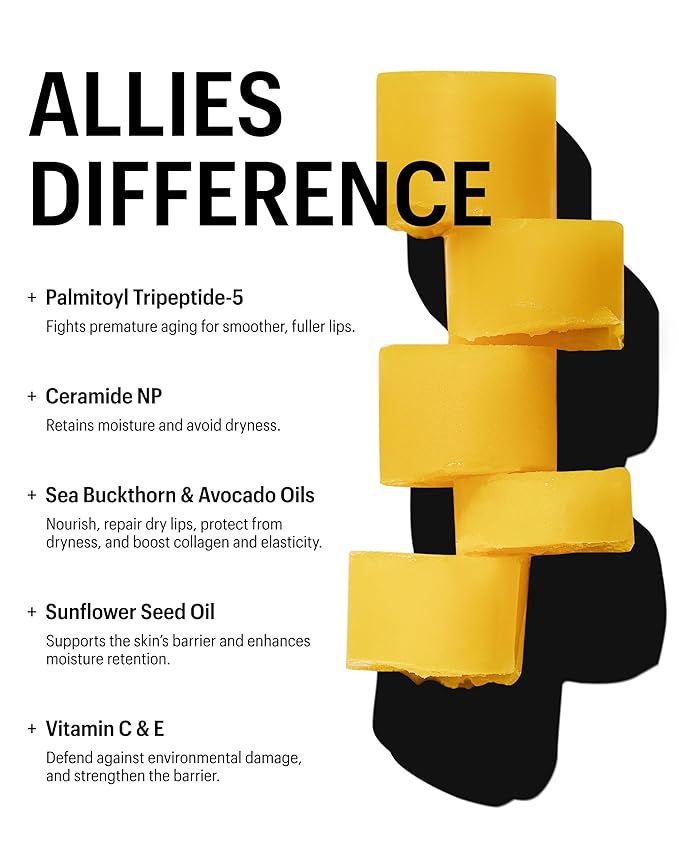 Allies of Skin Peptide & Ceramide Repair Lip Balm with Palmitoyl Tripeptide-5, Ceramide NP, Sea Buckthorn Oil, Avocado and Sunflower Seed Oil, Shea Butter, Vitamin C & E. 3.8g/ 0.13 oz