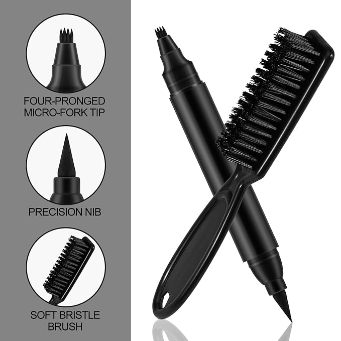 GEUUFEA Beard Pencil Filler for Men, Double Head 4 Forks Grooming Beard Pen, Fast Fill Thin Beard, Water & Sweat Resistant, Long-Lasting Black Beard Shaping Kit, Creates a Naturally Thicker Beard