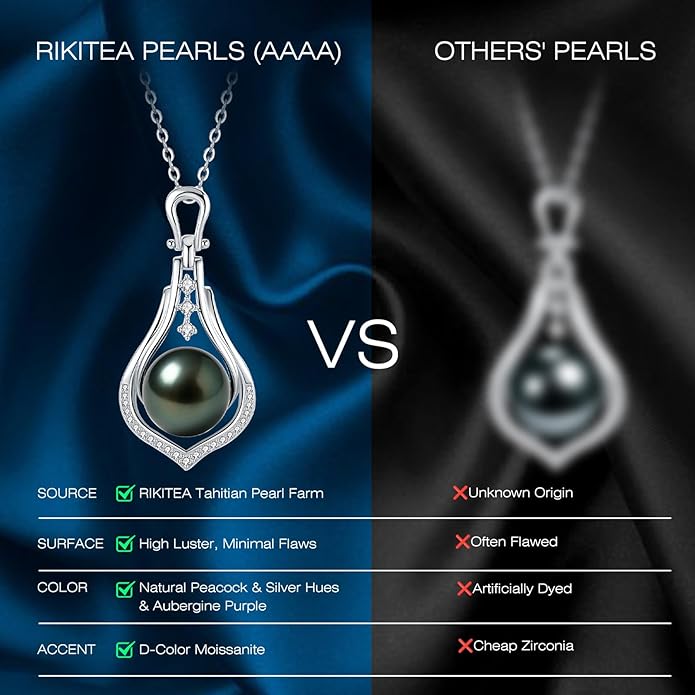 Genuine Tahitian Black Pearl Necklace for Women, 9-13mm AAAA Seawater Pearl - Sterling Silver Moissanite Pendant, Wedding Anniversary, Birthday, Christmas Gift for Wife, Mom, Girlfriend, Fine Jewelry