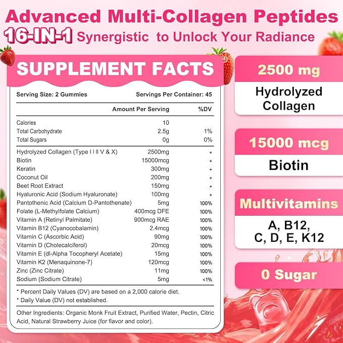 Sijigood 90 Count | Collagen Peptides Gummies for Women Men, Multi Collagen Hydrolyzed Protein 2500mg Type I,II,III,V,X, 15000mcg Biotin, Vitamin C B12 D A E for Skin Hair Nails, Bone, Sugar Free