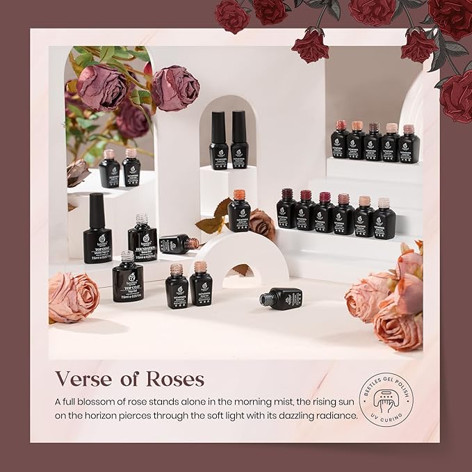 Beetles Gel Nail Polish Set, 23Pcs Brown Burgundy Red Nude Pink Gel Polish Set with Base Top Coat Verse of Roses Kit, Soak off Uv Gel Golden Glitter Holiday Nail for Women