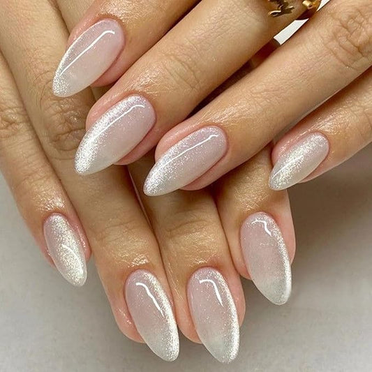 Modelones Cat Eye Press on Nails Almond, Valentines Short Fake Nails, Reusable Nail Kit with Nail Glue Adhesive Tabs Mini Nail File, Nails Press Ons 32Pcs 16 Sizes, Women Girl Gift