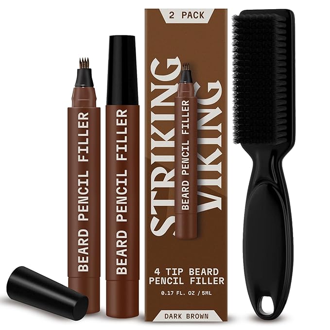 Striking Viking Beard Pencil Filler Pen - Pack of 2, Dark Brown, Travel Size - Beard Filler for Men - Micro-Fork Tip Mustache Pen - Sharp Hairline Edges with Hairline Pencil