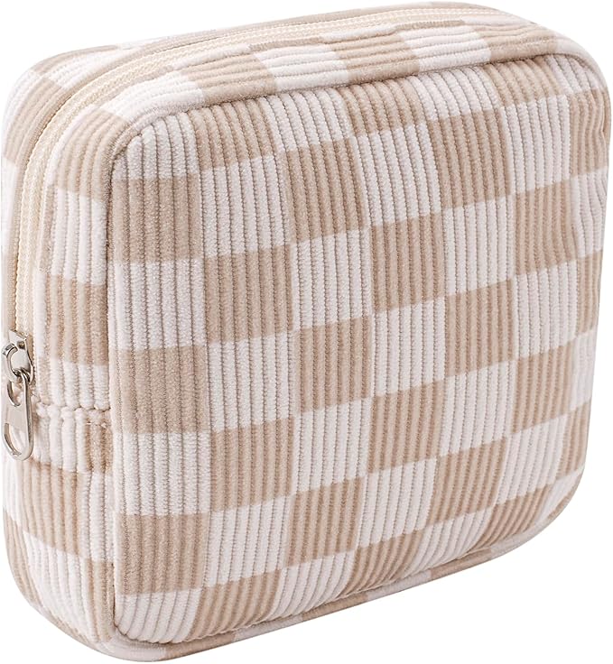 uekeboag Cute Small Corduroy Zipper Makeup Bag, Mini Coquette Aesthetic Pouch with Bear Pattern for for Purse,Key Pocket Lipstick Bag Card Holder Data Cable Organizer (09Beige Checker)