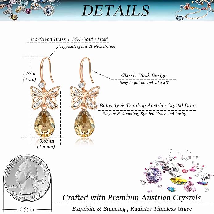 Austrian Crystal Teardrop Butterfly Drop Dangle Earrings for Women 14K Rose Gold Plated Hypoallergenic Jewelry