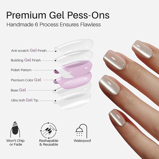 SHANGMENG Cat Eye Nude Press on Nails Square - Soft Gel Press on Nails Short for Women Gift, Fit Perfectly & Natural Stick on Nails with Glue in 16 Sizes - 32 Reusable Fake Nails, Light Nude