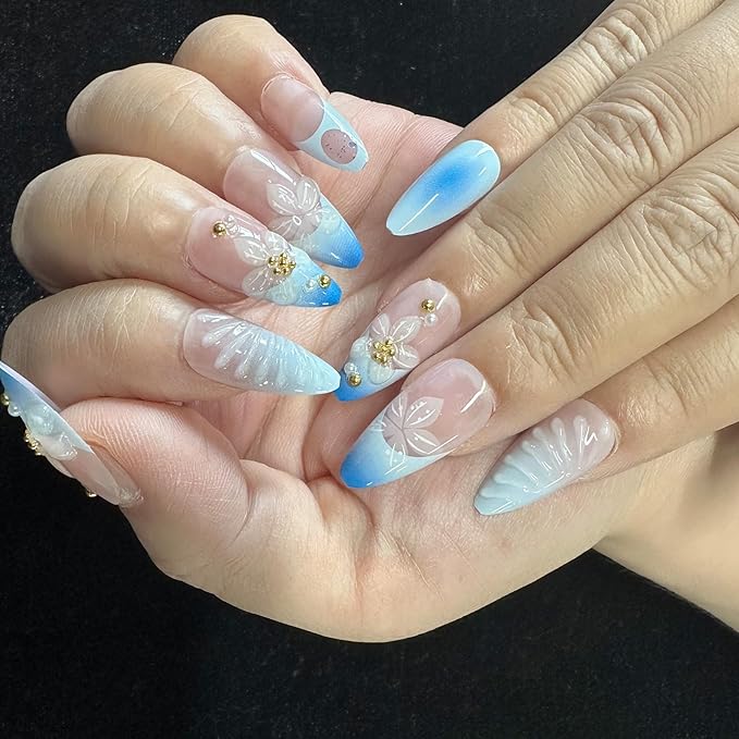 JONKASIPA Almond Press on Nails 3D Flower Stick on Nails French False Nails Acrylic Nails Glossy Artificial Nails Full Cover Glue on Nails for Women 24Pcs