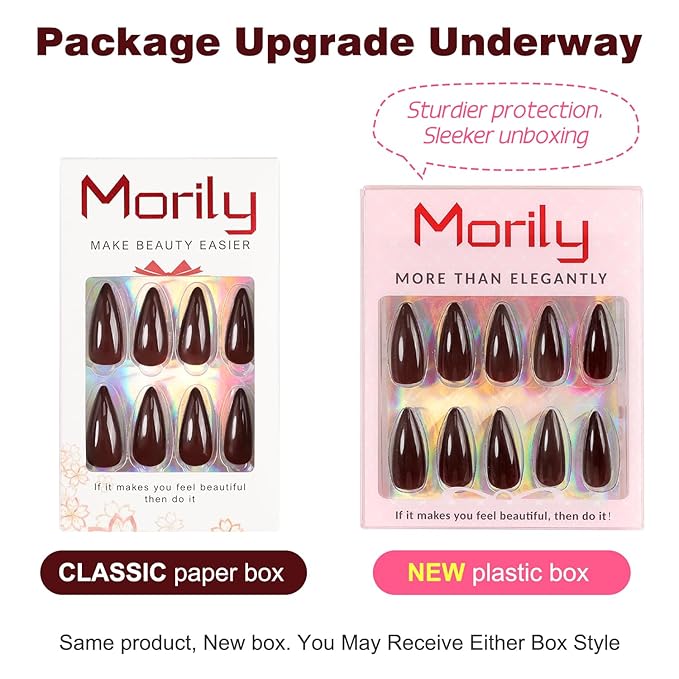 morily 24Pcs Wine Red Press on Nails Medium Length Stiletto False Nails Long Fake nails Glossy Acrylic Stick on Nails Solid Color Almond Full Cover Artificial Nails for Women (Wine Red)