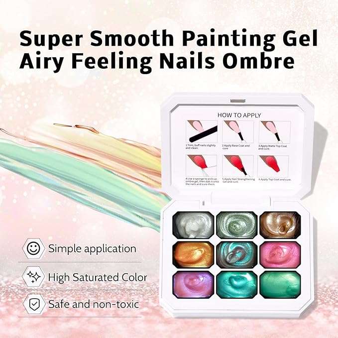 Karroy Christmas Pearl Gel Nail Polish, 9 Colors Glitter Ombre Gel Polish Palette Pat Paint Aurora Mermaid Gold Silver Green Pink Sparkle Reflective Holographic, 100Sponges 6Brushes 1Grabber (Set 12)