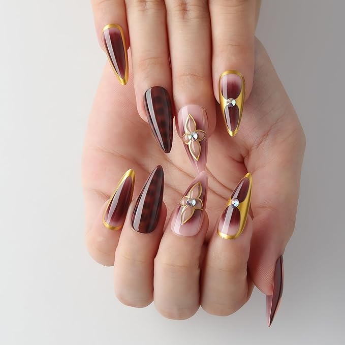 XZMeiLun 3D Brown Flowers Press On Nails Almond Short, 3D Pattern Designer Reusable Acrylic Nails Press Ons, Fake Nails With Glue On, Daily Wear Floral False Nails For Women