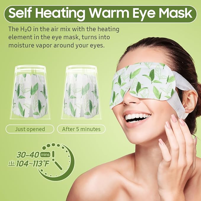 BeHoomi 20 Packs Steam Eye Mask, Heated Eye Mask Warm Compress for Eyes, Disposable Self Heating Steam Mask Sleep, Spa, Travel Essentials & Relaxation Gifts for Women, Stocking Stuffers (Green Tea)