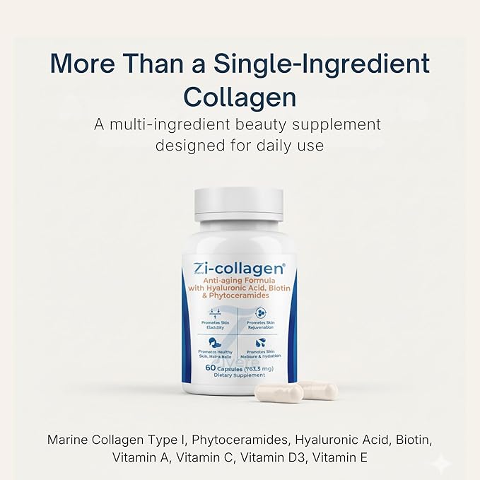 Zi-Collagen Marine Collagen Capsules for Skin, Hair & Nails - Advanced Beauty Formula with Phytoceramides, Hyaluronic Acid, Biotin & Vitamins A, C, D3 & E (60 Capsules)
