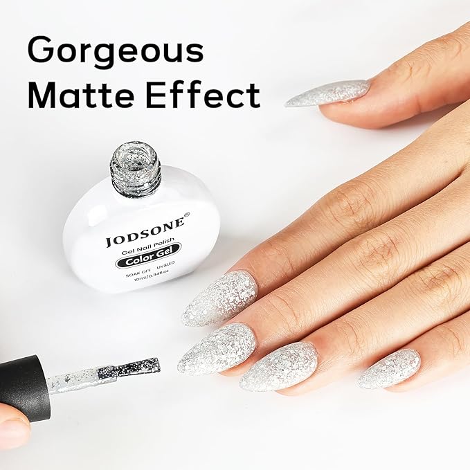 JODSONE Silver Glitter Gel Nail Polish 10ml Soak Off LED Nail Polish Silver Nail Color Salon Quality Vegan & Cruelty-Free Low Odor Need U V Lamp Curing