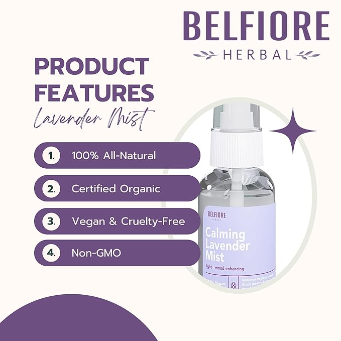 Belfiore Herbal 100% Natural Lavender Mist Spray, Organic Face Body Hair Hydrating Mister, Calming for Better Sleep, Vegan non-GMO, 2 ounce