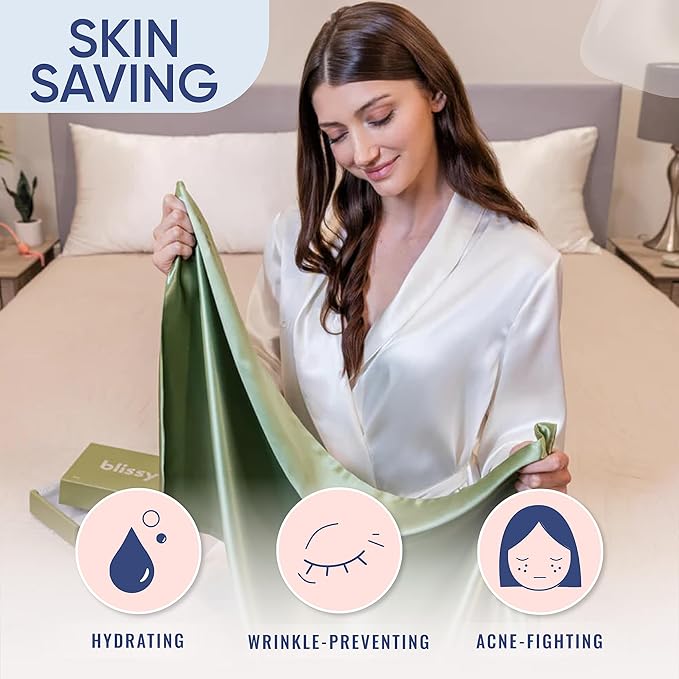 Blissy Silk Pillowcase - 100% Pure Mulberry Silk - 22 Momme 6A High-Grade Fibers - Silk Pillow Cover for Hair & Skin - Regular, Queen & King (Olive, Queen)
