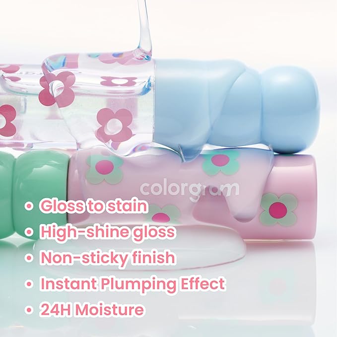COLORGRAM Fruity Glass Tint Pearl Gloss | Long Lasting & Waterproof Lip Stain | Glossy Transparent Dewy Lip Gloss with subtle Pink Glitter, Buildable & Blendable for Glowing, Sparkling effect 0.11 Oz.