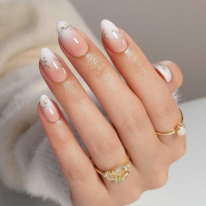 RPNZL Press On Nails - Athena | Ombre French Tip With 3D Gold Design, UV Finish Medium Almond Nails, Salon Quality | 32 Nails, 16 Sizes Kit with Glue and Adhesive Tabs I Female Founded