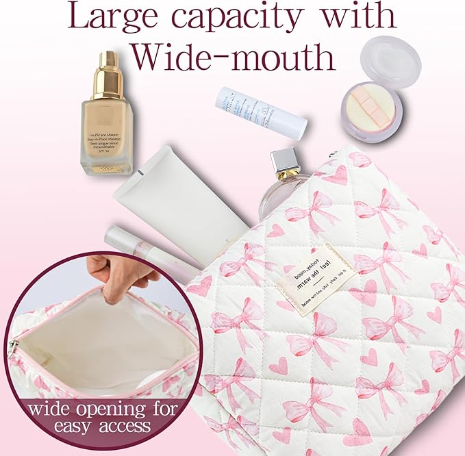 Makeup Bag, 3 PCS Quilted Makeup Bag, Cute Floral Cotton Cosmetic Bag set, Coquette Makeup Pouch Large Travel Toiletry Bag