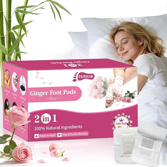 TEWEAE Ginger Foot Pads, 100 Pads One-Piece Design Premium Natural Bamboo Vinegar Foot Care Pad Ideal for Winter Better Sleeping, Rose Scented