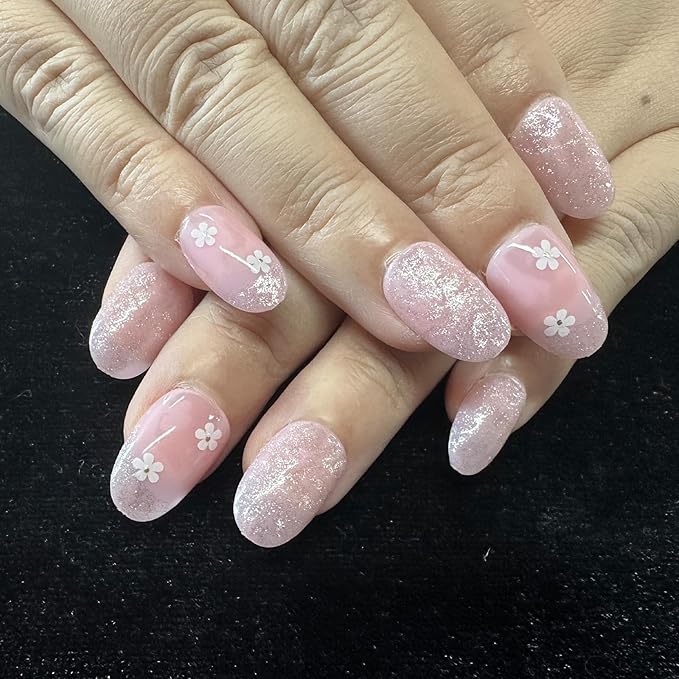 JONKASIPA Floral Press On Nails Short Lightweight Fake Nails Cute Artificial Acrylic Nails Full Coverage Reusable Adhesive Nails Suitable for Women 24 Pcs Set