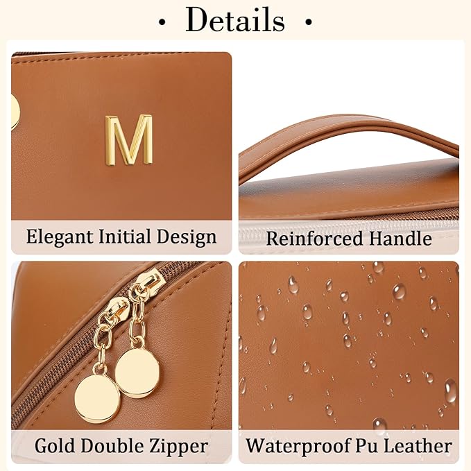 Gifts for Women Bridesmaid Gifts Personalized Initial Makeup Bag PU Leather Cosmetic Waterproof Travel Toiletry Bag (Large)