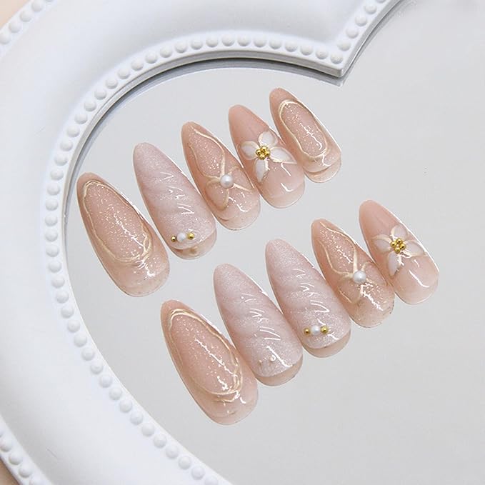 JONKASIPA French Almond Nail 3D Pink Floral Bow Nail Gloss Full Coverage Gel Patch Nails 24pcs Set