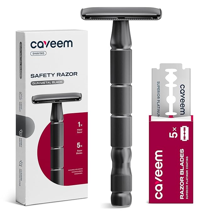CAVEEM Double-Edge Safety Razor, Single-Blade Razors with 5 Stainless Steel Razor Blades for Men and Women, Reusable Metal Razor – Gun Metal Black