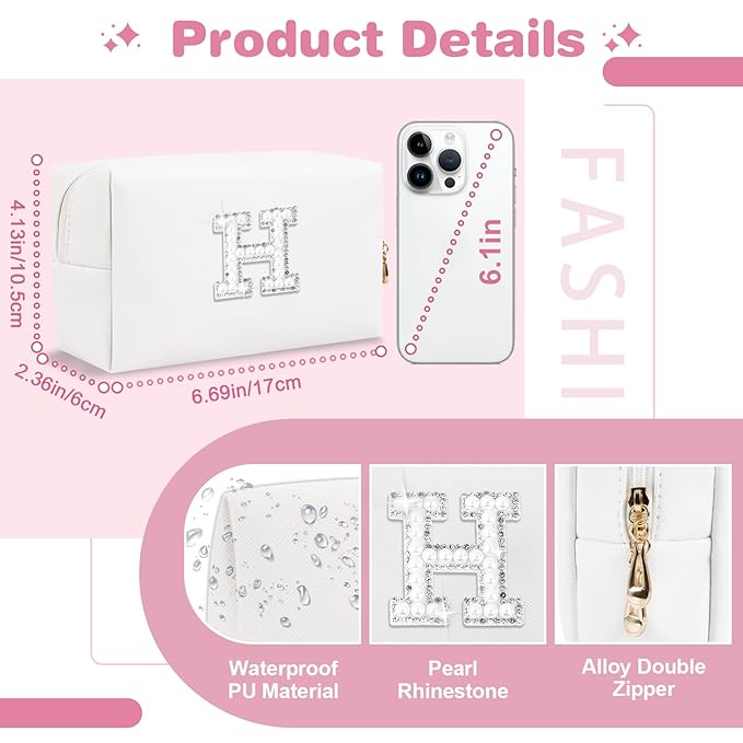 Bride Gifts – Personalized Initial Makeup Bag with Pearl Rhinestone Patch, Preppy White Monogram Cosmetic/Toiletry Pouch, bridesmaid Gifts, Bridal Shower Gifts, Wedding Gifts, Bridal Gifts,H