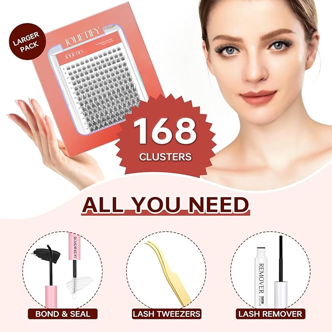 JOLIETIFY Lash Extension Kit, Natural Look, Wispy Soft & Fluffy, Faux Mink 8-16mm DIY Cluster Lashes, Reusable Individual Lashes with Waterproof Bond & Seal, Tweezers & Remover, Easy to Apply