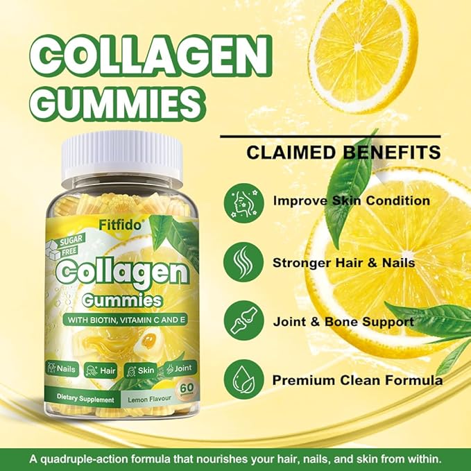 Fitfido Collagen Gummies with Multi-Collagen Peptides, Vitamin C, Zinc and Biotin - for Thick Hair, Strong Nails & Healthy Skin - Sugar Free & Vegan (Lemon Flavor, 60 Counts)