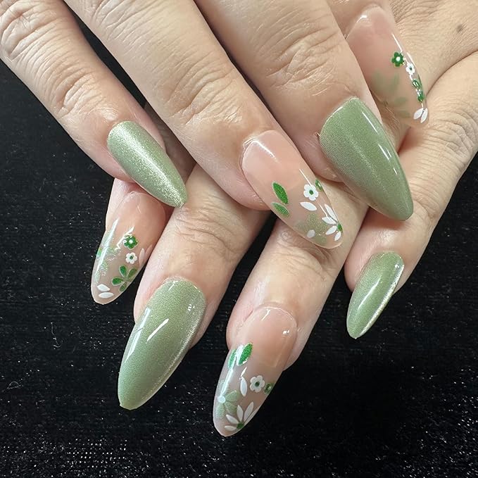 JONKASIPA 24 Pcs Almond Shape Press-On Nails Spring Cute Acrylic Nails, Artificial Gloss Full Coverage Light Green Fake Nails for Women and Girls Nail Decoration