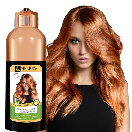 HERBBY Hair Color Shampoo for Gray Hair Coverage&Color Transform with 9 Herbal Extracts –Long Lasting(6-8 Weeks),Shiny,Evenly Colored,Instant Hair Dye Shampoo&Conditioner,500 Ml (GINGER CARAMEL COLOR)